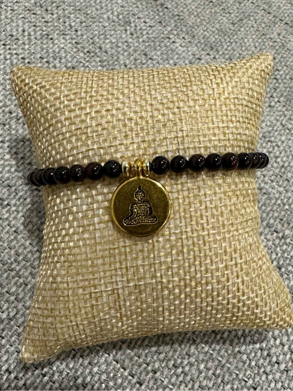 Garnet Stone Beaded Bracelet Gold Buddha Charm | Spiritual Boho Yoga Layering